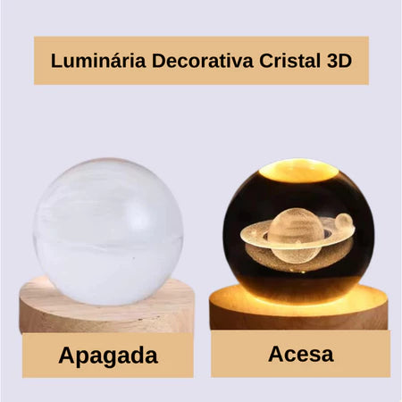 Luminária Astronauta na Lua 3D Bola de Cristal com Base de Madeira LED