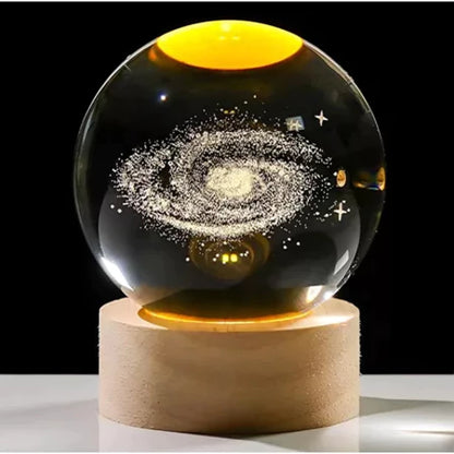 Luminária Galáxia 3D Bola de Cristal com Base de Madeira LED