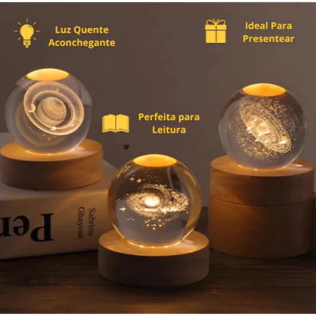 Luminária Saturno 3D Bola de Cristal com Base de Madeira LED