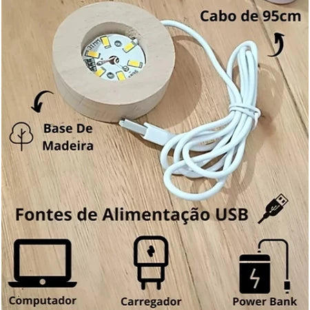 Luminária Saturno 3D Bola de Cristal com Base de Madeira LED