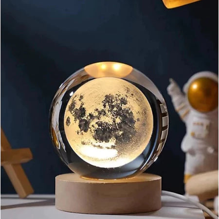 Luminária Lua 3D Bola de Cristal com Base de Madeira LED